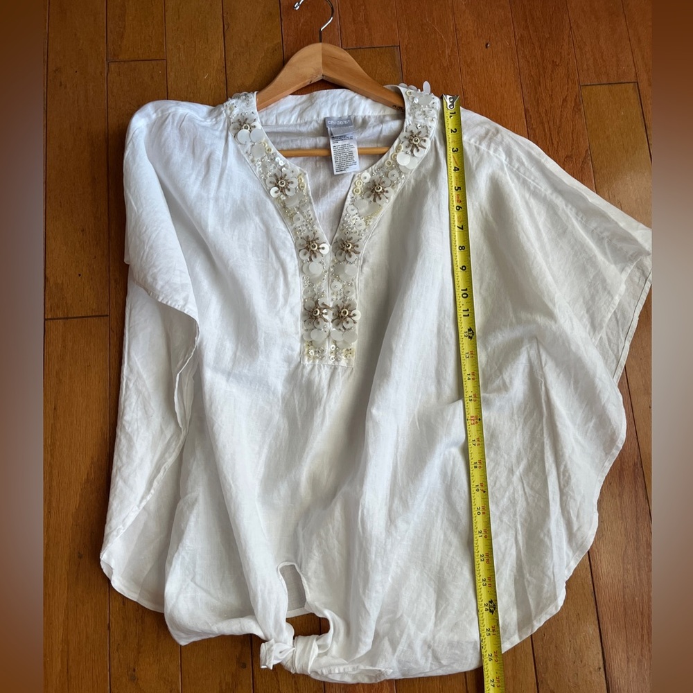 Chicos Boho Beaded Tie Front Blouse Linen Blend Beachy Top Soze Medium - Picture 7 of 8